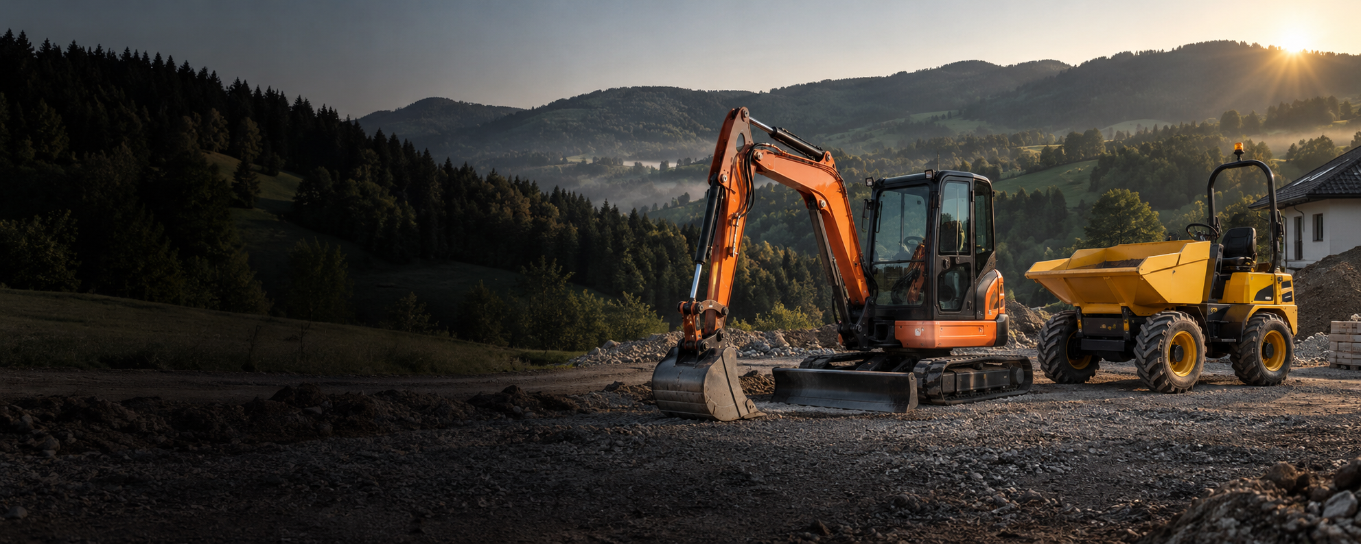 Minibager a dumper na stavenisku
